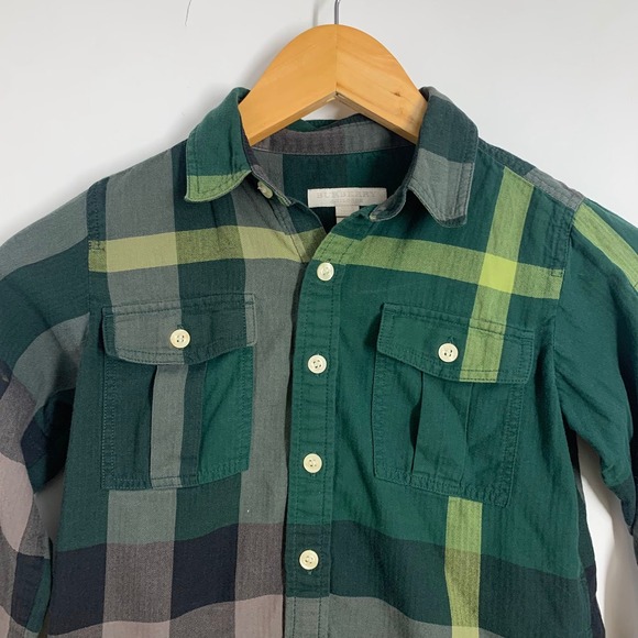 Burberry Kids Plaid Long Sleeve Button Up Shirt Green Grey Yellow Check Boys 7Y - Picture 3 of 16